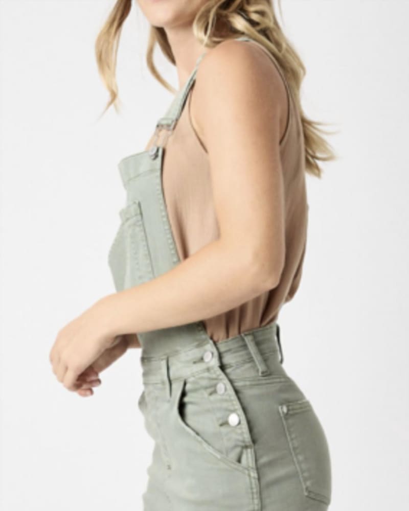 Back of a model wearing a size L Overalls Skirt In Sage in Sage by Judy Blue. | dia_product_style_image_id:358212